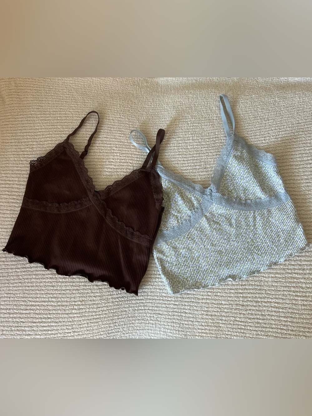 H&M Ribbed Lace Trim Cami Tops — Brown and Light Blue